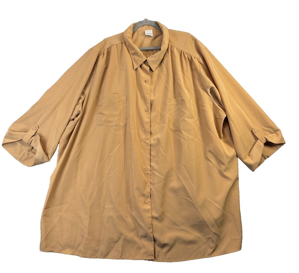 Roamans Shirt Womens 5X Brown Roll Tab Sleeve Button Up Utility Blouse Career